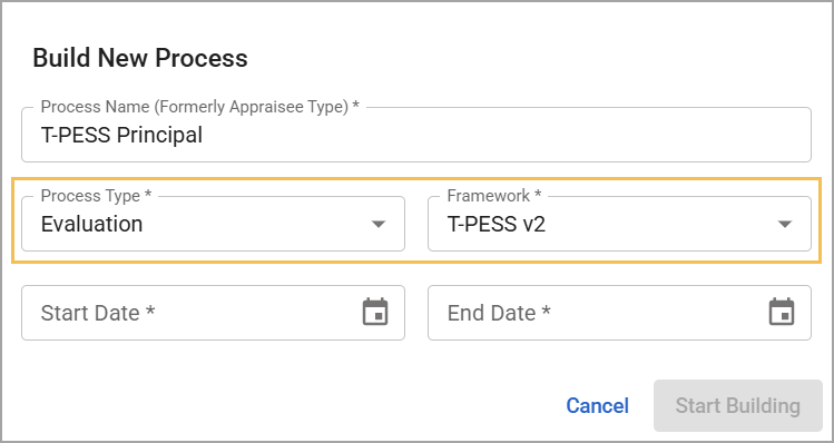 Modal to build a new evaluation process with fields for name, type, and dates.